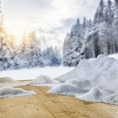 Desk of free space and winter landscape of mountains. 
