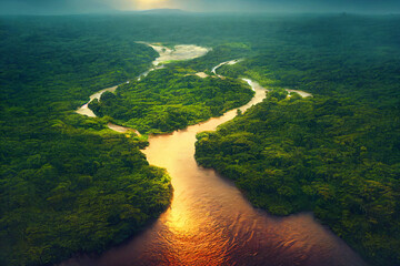 amazonas rainforest, tropical river landscape, beautiful nature, fictional landscape created with generative ai - obrazy, fototapety, plakaty