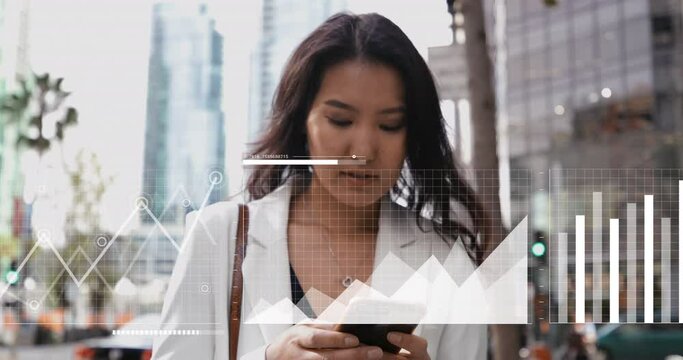 Animation of data processing over asian businesswoman using smartphone