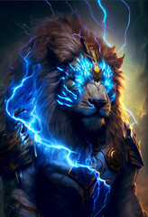 Naklejka premium Lion Shaman with electricity flowing through him generative art 