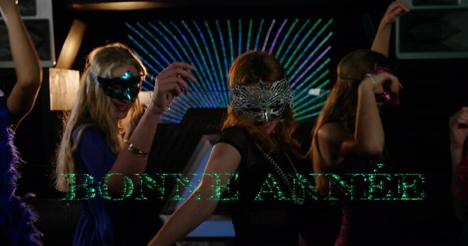 Animation of bonne annee text over caucasian female friends in bar