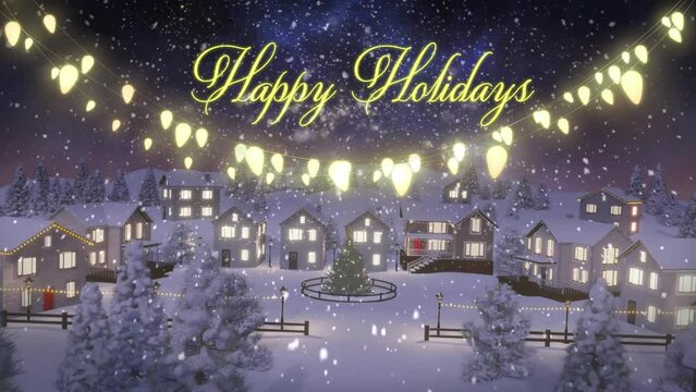 Animation of christmas greetings text over christmas decorations in winter scenery