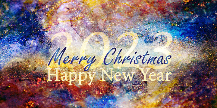 Weihnachtskarte oder digitale Vorlage mit englischem Text "Merry Christmas, Happy New Year 2023" in farbig-funkelndem kosmischen Sternenglanz