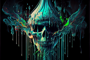 Skull melting into multiple colors of ooze generative art