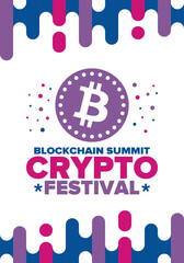 Crypto Festival. Blockchain Summit. Digital money and smart online technology. Finance, banking and business illustration. Cryptocurrency mining. Bitcoin logo. Flat design. Vector poster