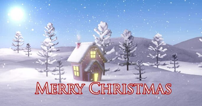 Animation of merry christmas text over winter landscape