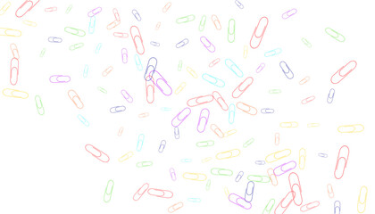 Paper clips are scattered on a white background. Decorative element. Background for design, school and office supplies
