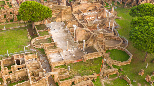 Aerial view on the Calidarium of Terme del Foro. These ruins were the thermal baths of the forum in Ostia Antica. The archaeological area is located in Rome, Italy.