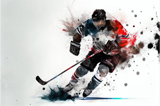 Ice hockey player hits the puck on a white background. Watercolor style of generative ai illustration winter sport.