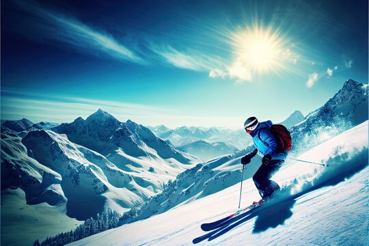 Skiing in the mountains. Generative aiillustration in trendy flat style with skier in red sports suit, skiing downhill on the snow mountains landscape background.