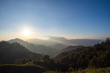 Sunrise over mountain range, Hadubi viewpoint, Chiang Mai, Thailand.