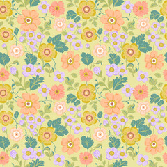 Seamless pattern with delicate pink, yellow and purple flowers on a light green background. Romantic floral print, botanical composition with large flower buds, leaves, branches.
