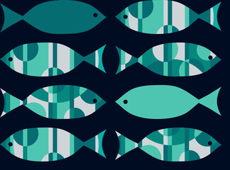 Stylized abstract decorated cute green ocean fish set