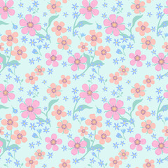 A pattern with pink, scarlet and small blue flowers with green stems on a turquoise background.