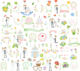 Set of wedding or valentine's day graphic set- wreath, flowers, arrows, hearts, laurel, ribbons and labels, hand drawing vector illustration