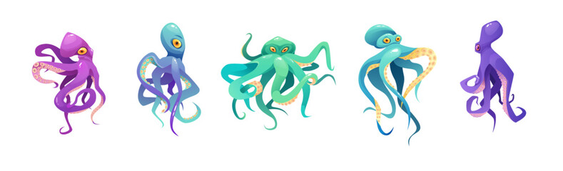 Octopuses set cartoon vector illustration. Sea cute animal