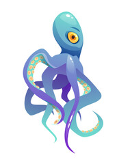 Blue cute octopus cartoon vector illustration. Sea animal. Hand lettering text.