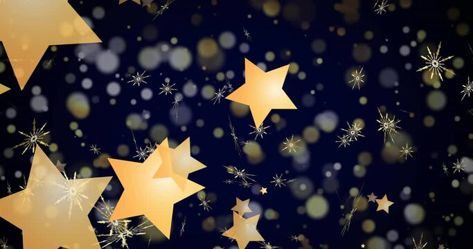 Animation of christmas stars and snow falling on blue background