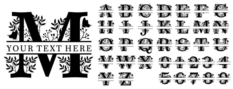 Floral Split Alphabet Monogram Letters A-Z, Split Letter, Split Font