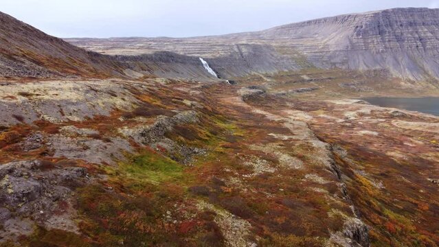 Aerial flight over Dynjandi waterfall, Iceland nature