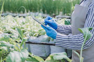 Futuristic businessman farms vegetables and crops using modern AI technology using mobile phones, temperature and humidity sensors, water tracking, climate control, holographic data data icons.