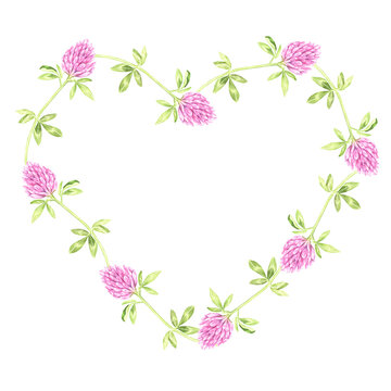 A wreath in the shape of a heart of blooming clover. St.Patrick 's Day. Watercolor illustration. Isolated on a white background. For design goods for a garden, stickers, organic products, stickers