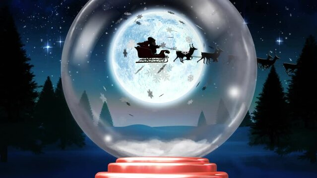 Animation of christmas snow globe with santa claus in sleigh, full moon and snow falling