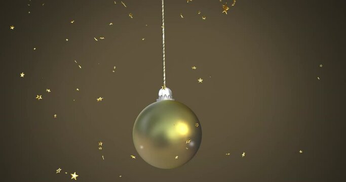 Animation of christmas gold bauble over stars falling on brown background