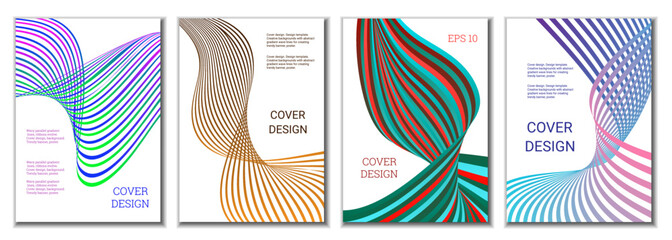 A set of 4 abstract covers. Wavy parallel gradient lines, ribbons evolve. Cover design, background. Trendy banner, poster.