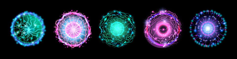 Energy ball vector set, thunder power effect game fire magic orb, crystal electric sphere kit. Fantasy neon star explosion, science futuristic current wave, glow lightning. Round energy ball clipart