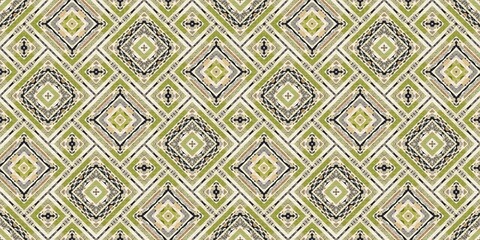 Forest green decorative damask seamless border. Geometric kaleidoscope linen for wallpaper washi tape. Printed fabric of optic trendy vintage design. 