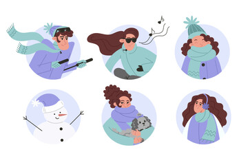 Set of people portraits in winter clothes and snowman, avatar in flat style