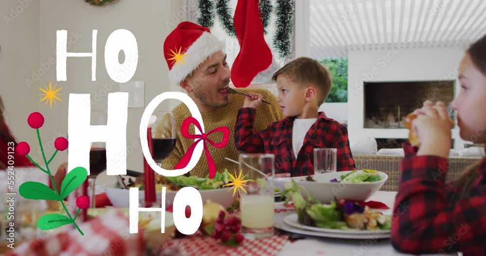 Sticker Animation of ho ho ho text over caucasian family wearing santa hats