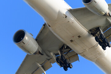 A close-up view of the plane. View of aircraft landing.