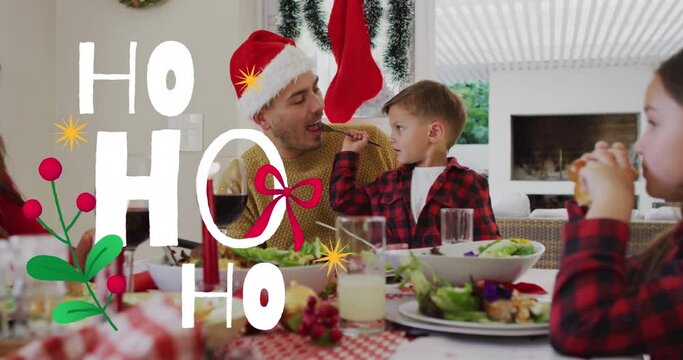 Animation of ho ho ho text over caucasian family wearing santa hats