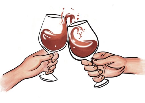 Illustration de deux mains tenant des verres de vin rouge trinquant &agrave; la nouvelle ann&eacute;e, fond blanc
