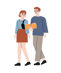 Young people are walking while reading a book. Book lovers, fans of literature. Concept of Book Week or World Book Day. Flat vector illustration isolated on white background.