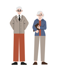 Portrait of senior couple of old people isolated on white background. Aged man and woman standing together. Colored flat vector illustration of retired gray-haired grandmother and grandfather
