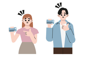 People show credit card and debit card for payment. Flat drawn style vector design illustrations.