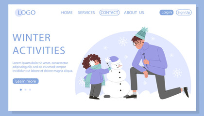 Father and daughter making a snowman in a flat style, web page template