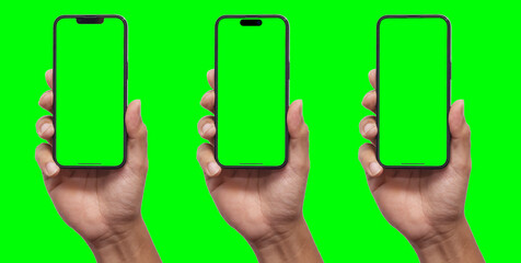 Hand holding smartphone set with green screen for VDO editor and modern frameless design in two...