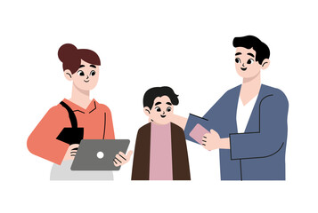 Fototapeta premium Happy family with gadgets. Vector cartoon illustration of a man, woman and child with phones isolated on white background.