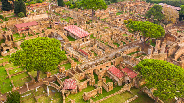 Aerial view on the house of the envious in Ostia Antica. It is so called for a mosaic at the entrance. The archaeological area is located in Rome, Italy. 