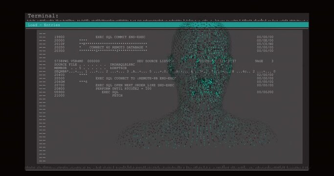 Animation of digital human over data processing on black background