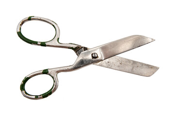 Old retro tailor's scissors on a white background. Scissors for the work of a seamstress or fashion designer