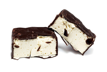 Milk soufflé in chocolate on a white background close-up. Soufflé isolate