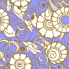seamless pattern of large white flowers with a golden outline on a blue background, texture, design