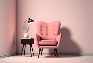 An armchair in a contemporary, minimalist setting against a background of a pale pink, empty wall. Generative AI