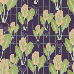 Vintage radish seamless pattern. Radish with leaves endless wallpaper. Vegetarian food backdrop.