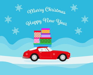 Merry Christmas and New Year design. Christmas car with gift boxes. Color vector illustration in cartoon flat style.
